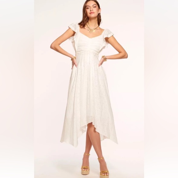 Ramy Brook Bria Pleated Smocked White Burnout Midi Dress Sz 00